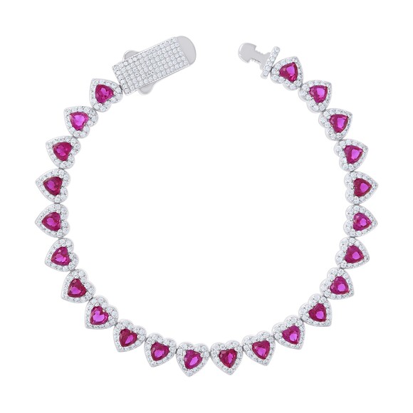 925 Sterling Silver Wht Pink Rnd Heart CZ Hearts Link Bracelet Size 7 Inches